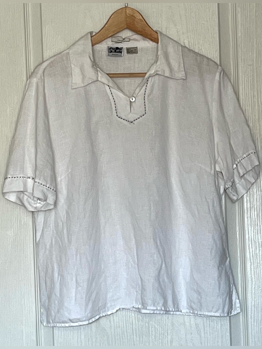 Edward 100% Irish Linen White Contrast Stitch Popover Tunic Top L Resortwear